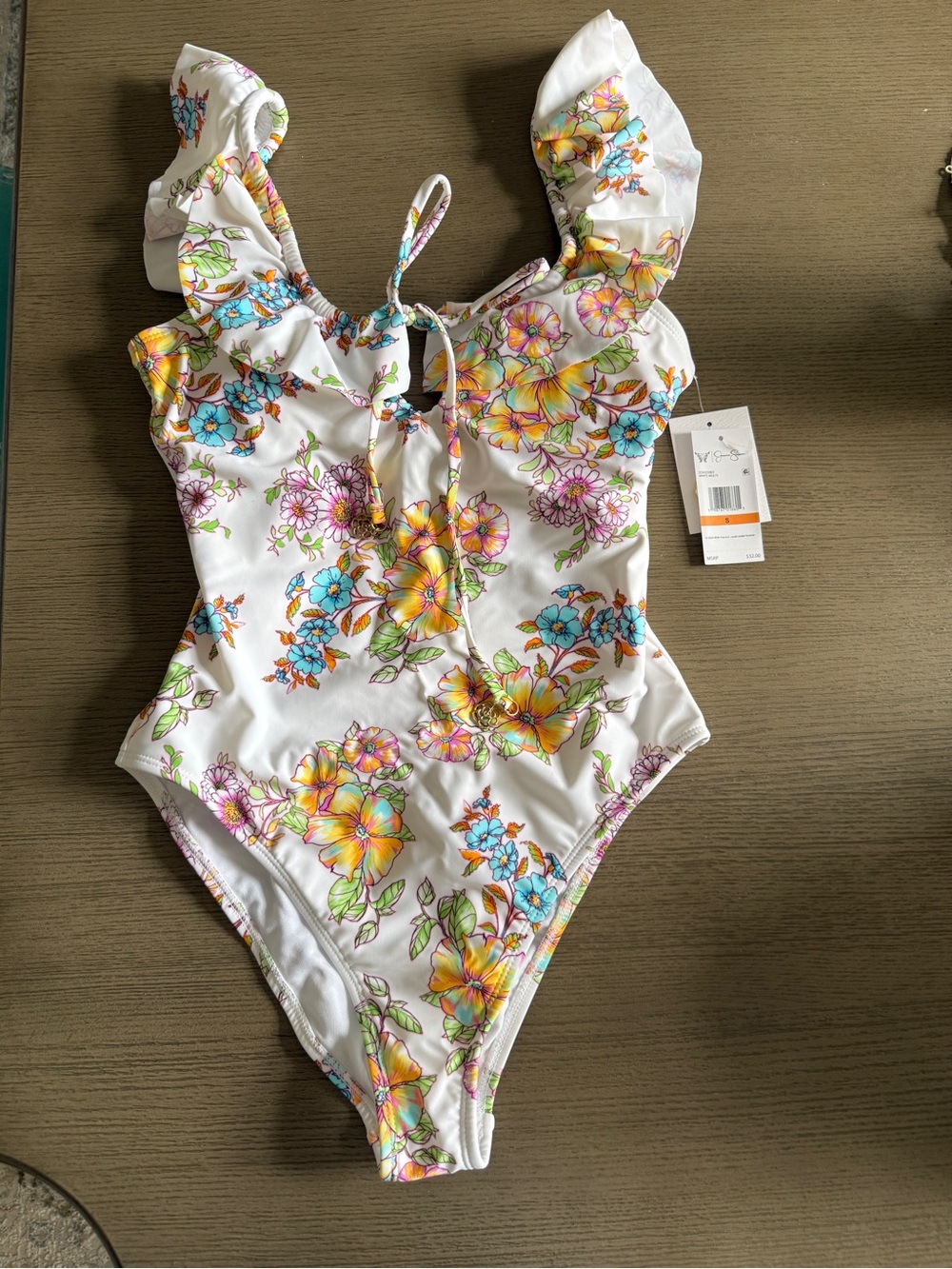 NWT Jessica Simpson White Floral Ruffle One-Piece Swimsuit Bathing Suit sz Small